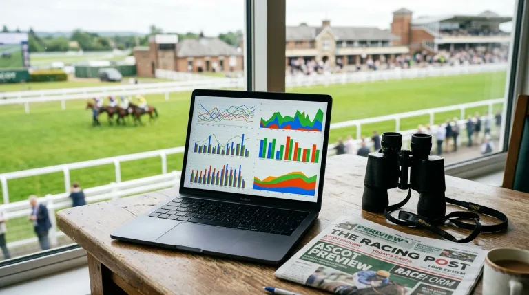 Laptop showing horse racing performance data charts next to binoculars and a racing form at a racecourse