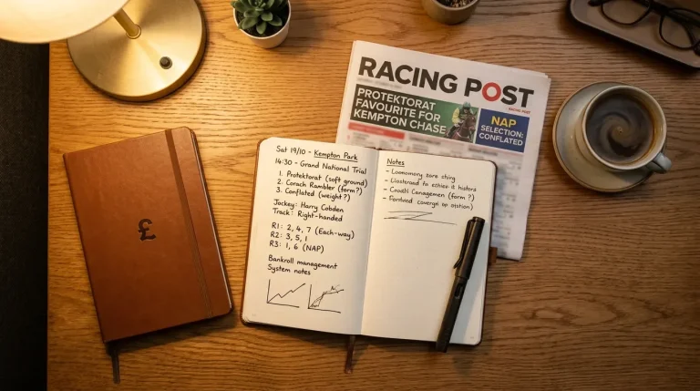 Neat stack of British pound notes beside a racing form guide and a pen on a desk
