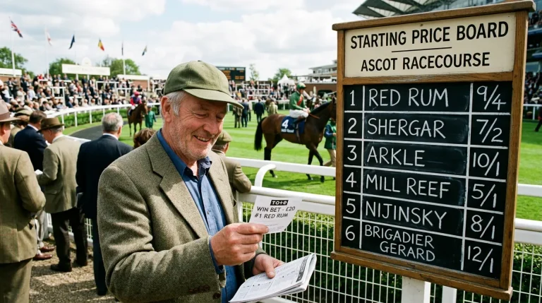 Price board at a British racecourse showing starting prices with a green tick symbol