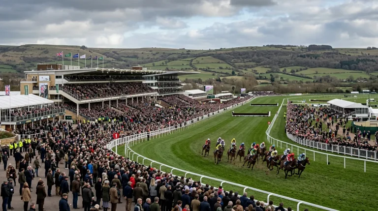 Cheltenham Racecourse amphitheatre grandstand packed with racegoers on a festival day
