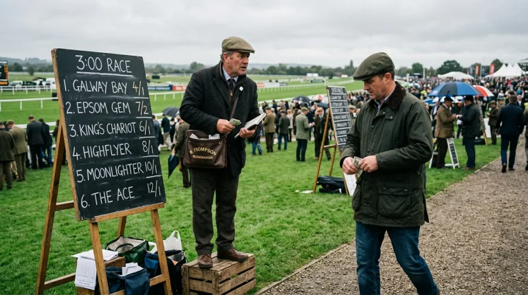 Bookmaker's betting board showing horse racing odds at a British racecourse