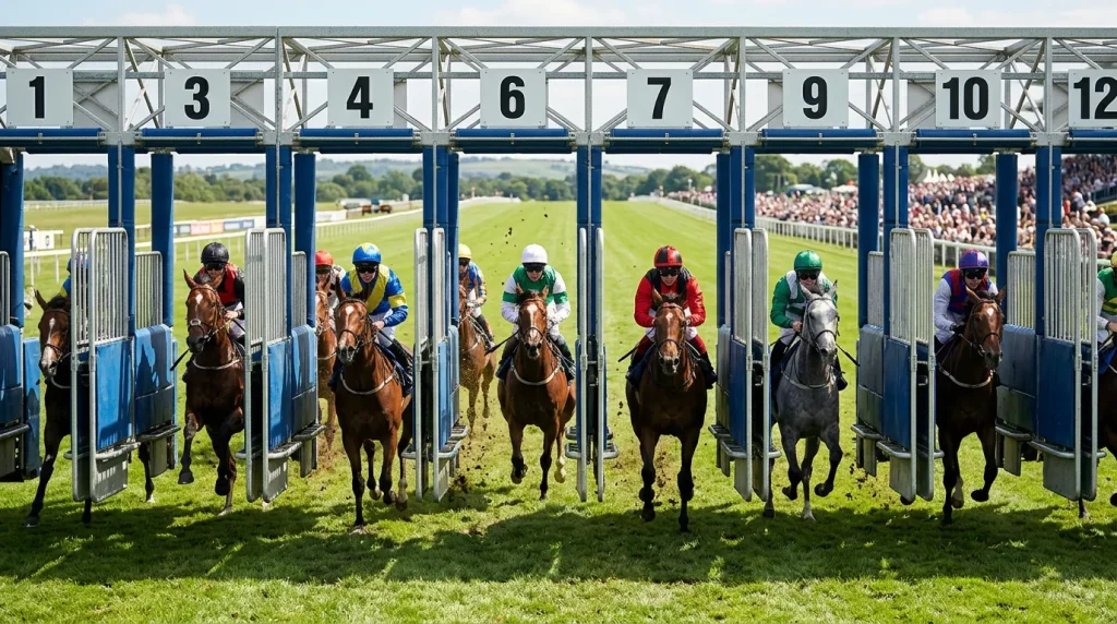 Starting stalls opening at the start of a flat race on a British racecourse