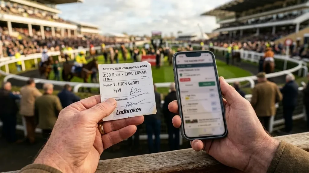 Punter holding a paper betting slip in one hand and a phone in the other at a racecourse