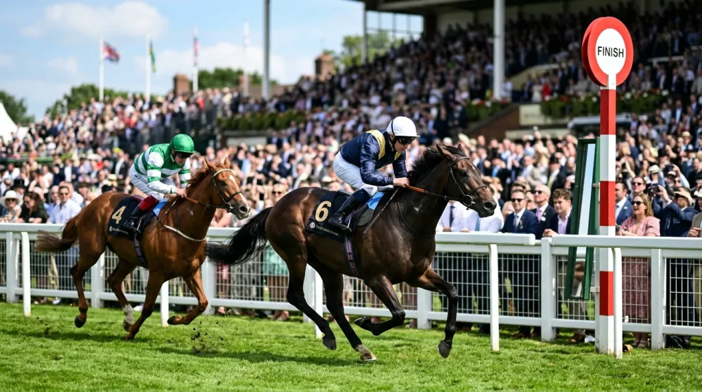 Two horses crossing the finish line in order on a British racecourse with the finish post visible