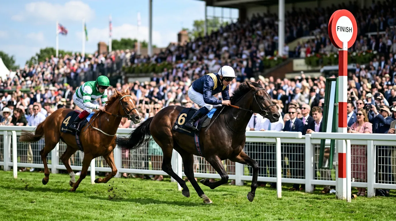 Two horses crossing the finish line in order on a British racecourse with the finish post visible