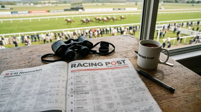 Racing form newspaper spread open on a table beside binoculars at a British racecourse