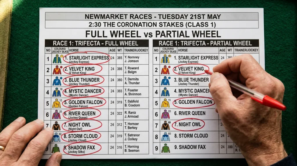 Full wheel vs partial wheel bet comparison on a UK horse racing card