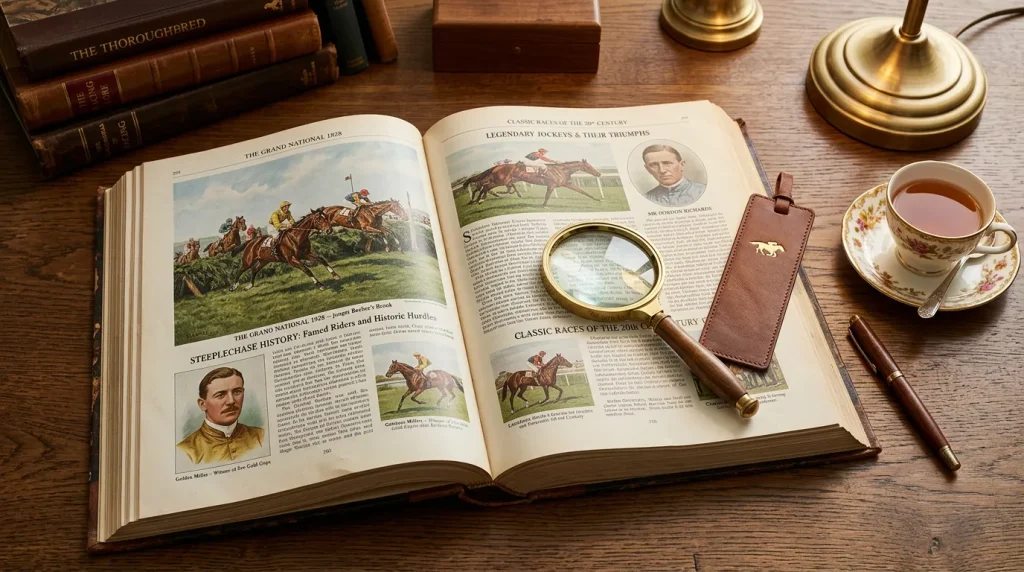 Open dictionary-style book with horse racing illustrations on a desk at a British racecourse