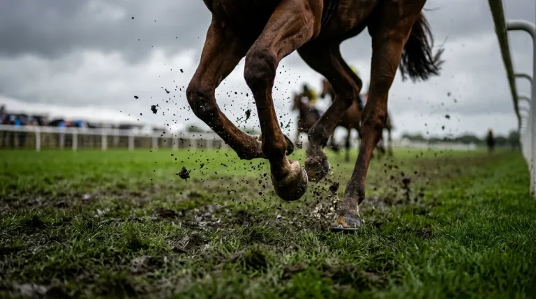 Close-up of a horse's hooves on soft ground at a rain-soaked British racecourse