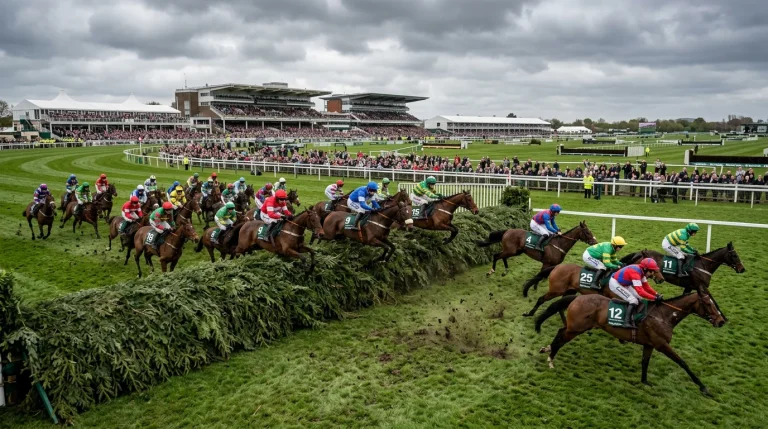 Large field of horses jumping a famous Aintree fence during the Grand National
