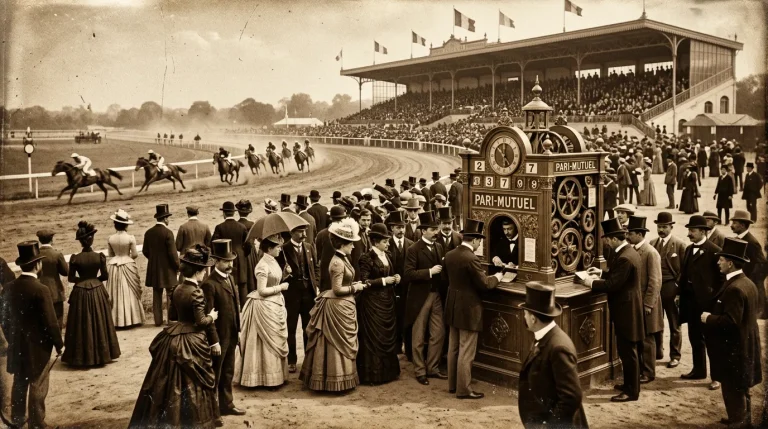 Vintage black-and-white photograph of early pari-mutuel betting at a 19th-century French racecourse