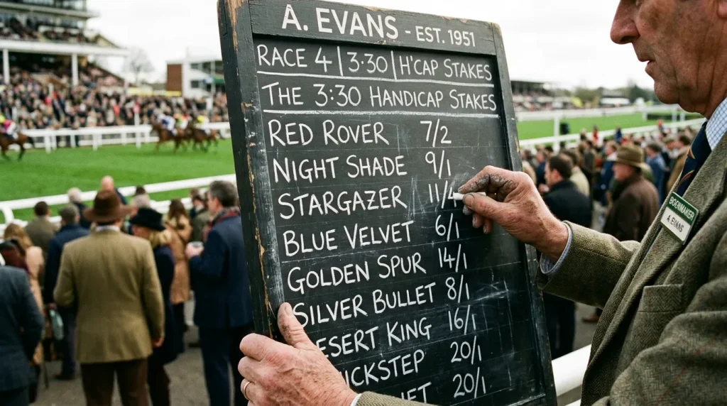 Close-up of a bookmaker odds board showing fractional odds at a British racecourse