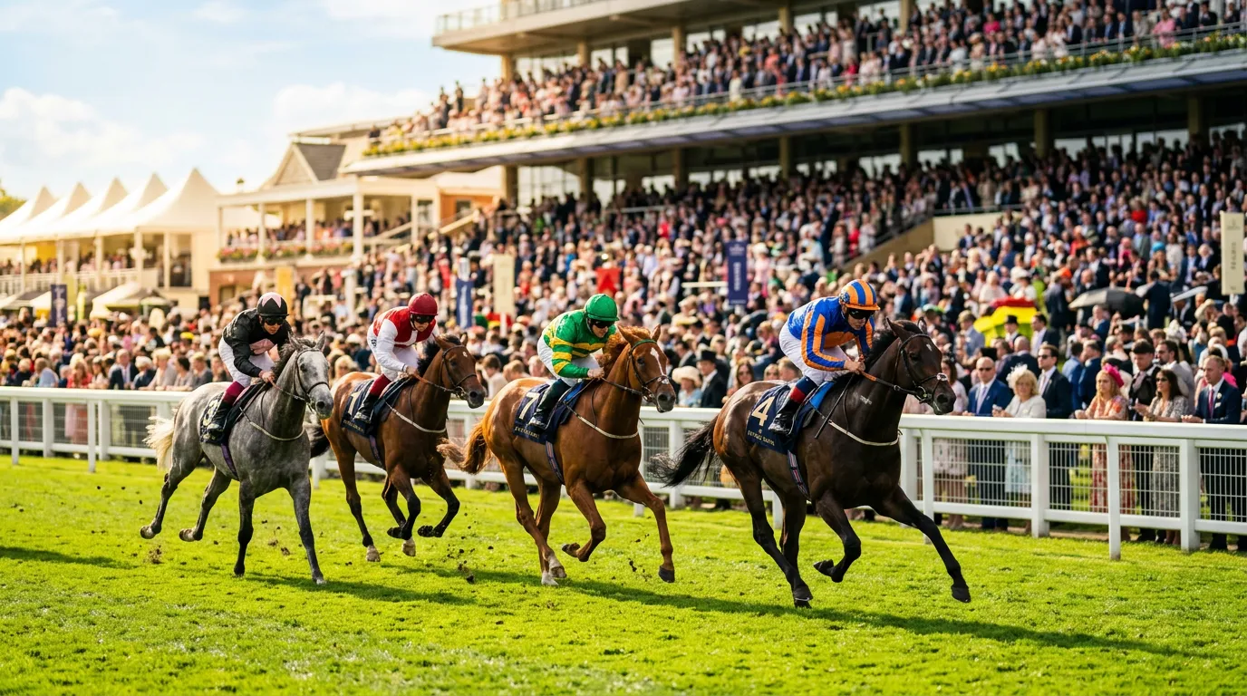 Racehorses galloping down the home straight at a sunlit British racecourse with packed grandstands