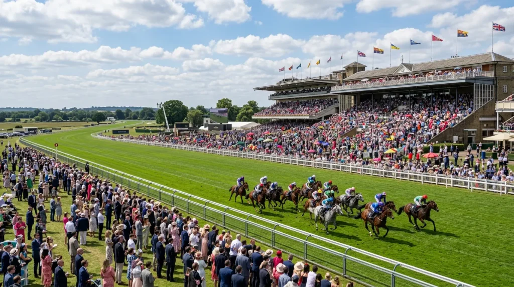 Panoramic view of a busy British racecourse on race day with horses on the track and a full grandstand