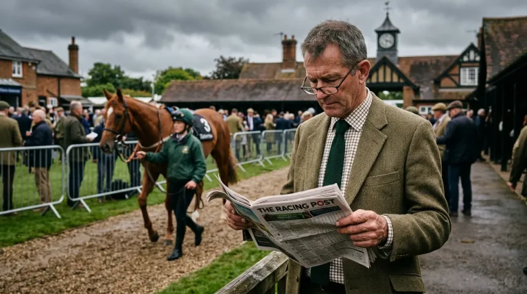Punter studying a horse racing form guide at a British racecourse paddock