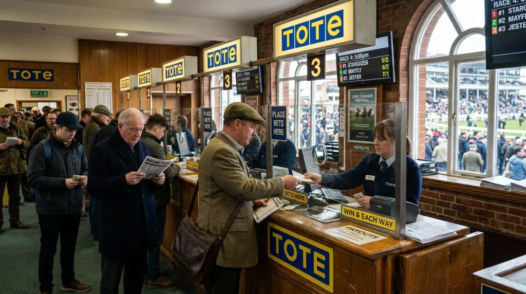 Tote betting windows at a British racecourse with punters queuing