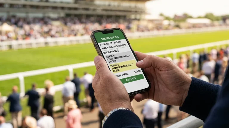 Person holding a smartphone showing a horse racing betting slip at a British racecourse