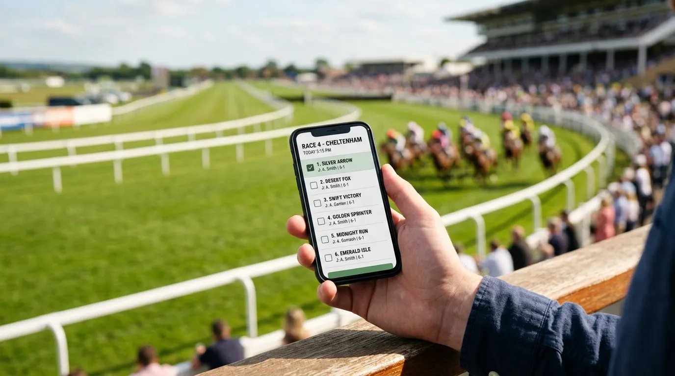 A person placing a combination forecast bet on a mobile bookmaker app at a horse racing event