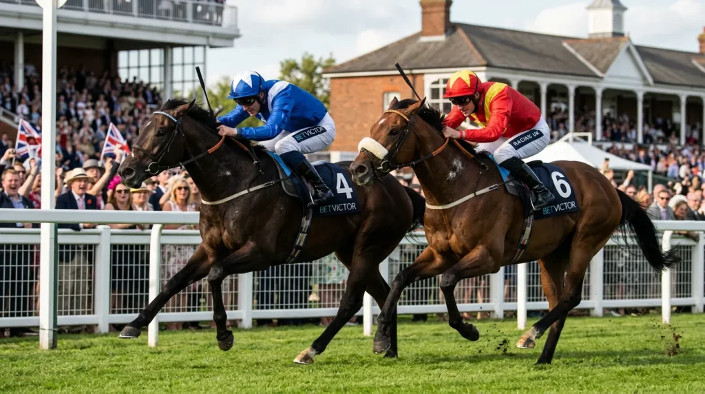 Two horses finishing side by side in a close photo finish at a British racecourse