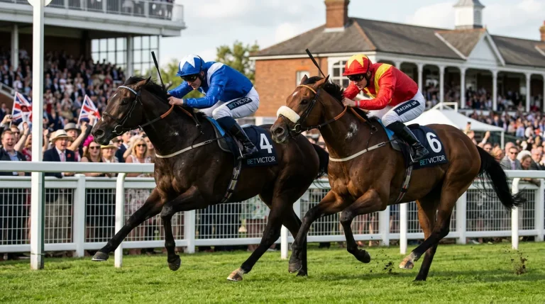 Two horses finishing side by side in a close photo finish at a British racecourse