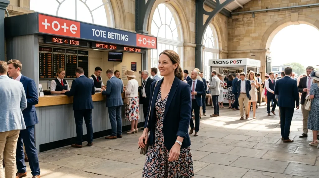 Person calmly walking away from a betting counter at a British racecourse on a sunny day