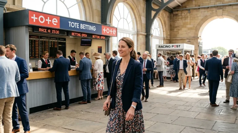 Person calmly walking away from a betting counter at a British racecourse on a sunny day