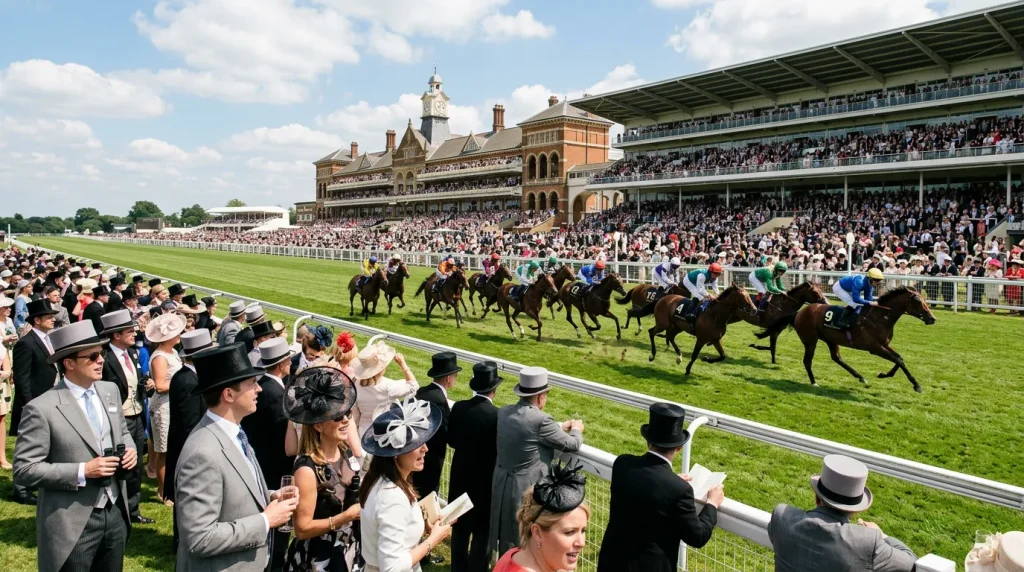 Elegant Royal Ascot scene with racegoers in formal dress and horses racing on the straight mile