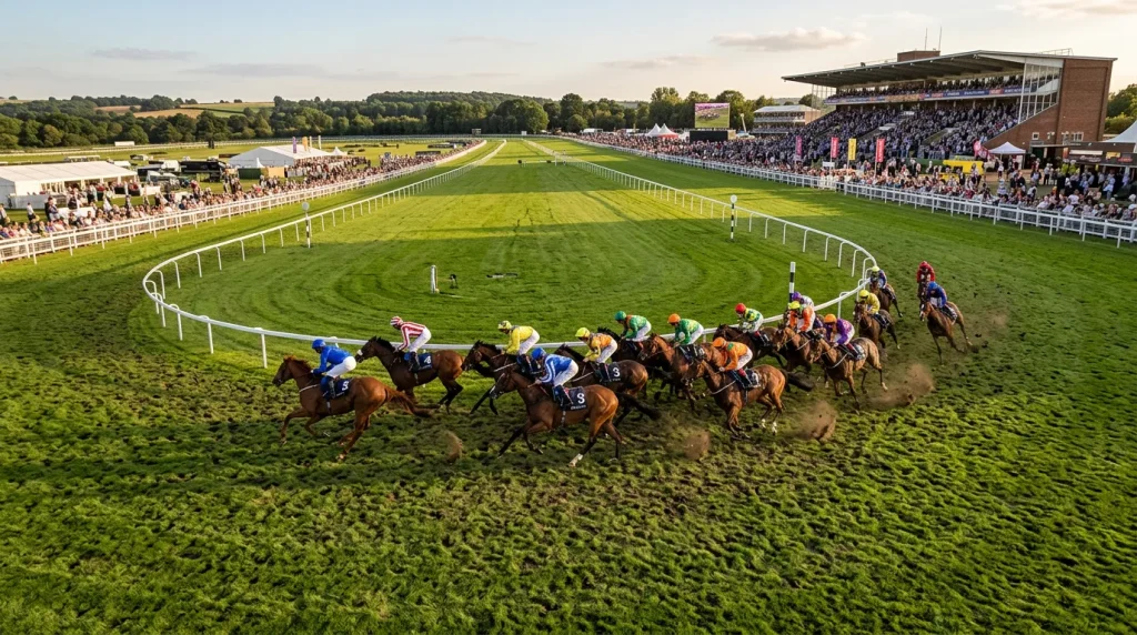 Large field of racehorses thundering around a bend at a British racecourse