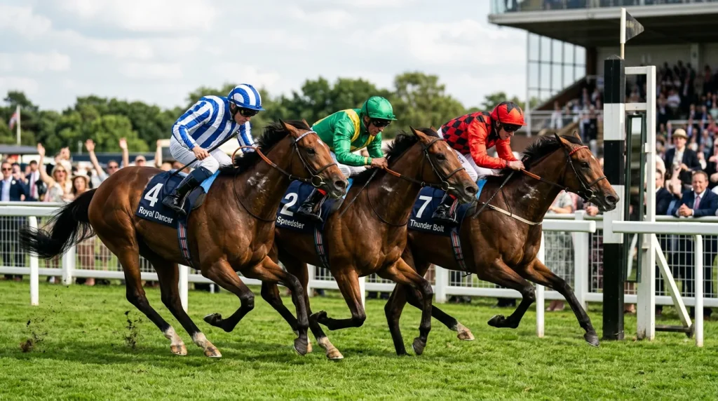 Three horses crossing the finishing line in a tight finish at a British racecourse