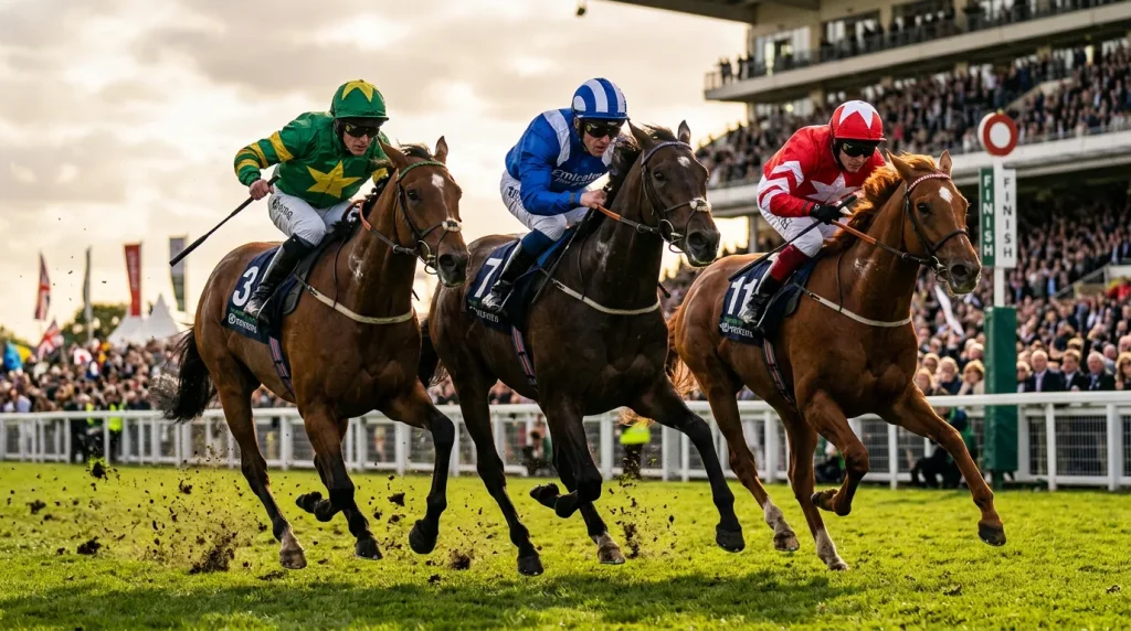 Three racehorses approaching the finish line bunched together on a British turf track