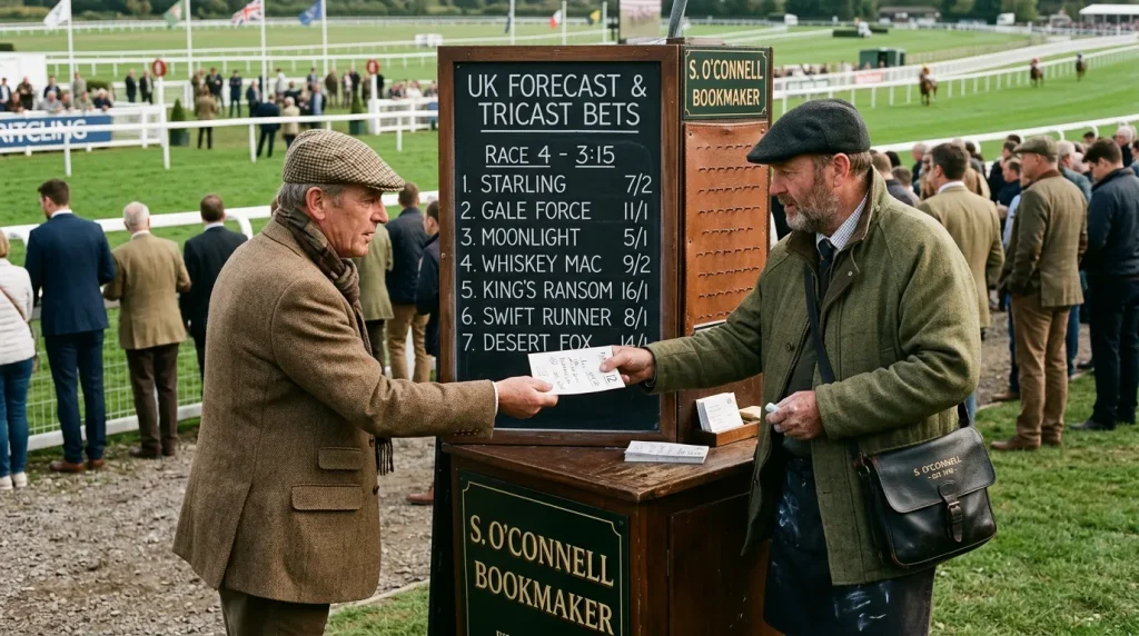 UK forecast and tricast bets at a British racecourse bookmaker stand