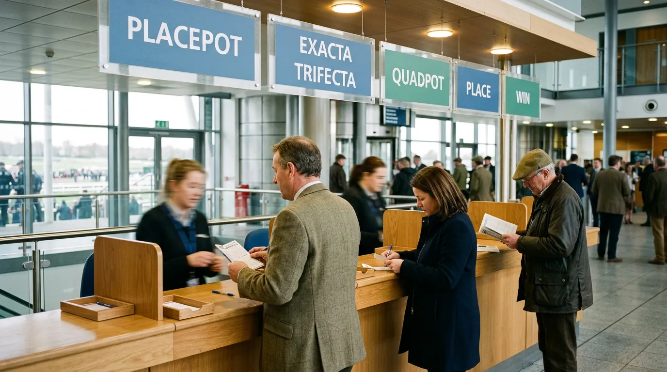 A Tote pool betting counter at a UK racecourse with punters placing exotic bets