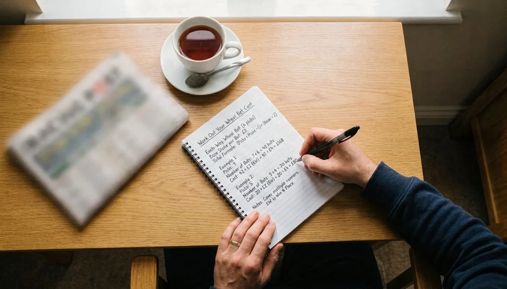 Person calculating wheel bet costs with a pen and racing form on a desk