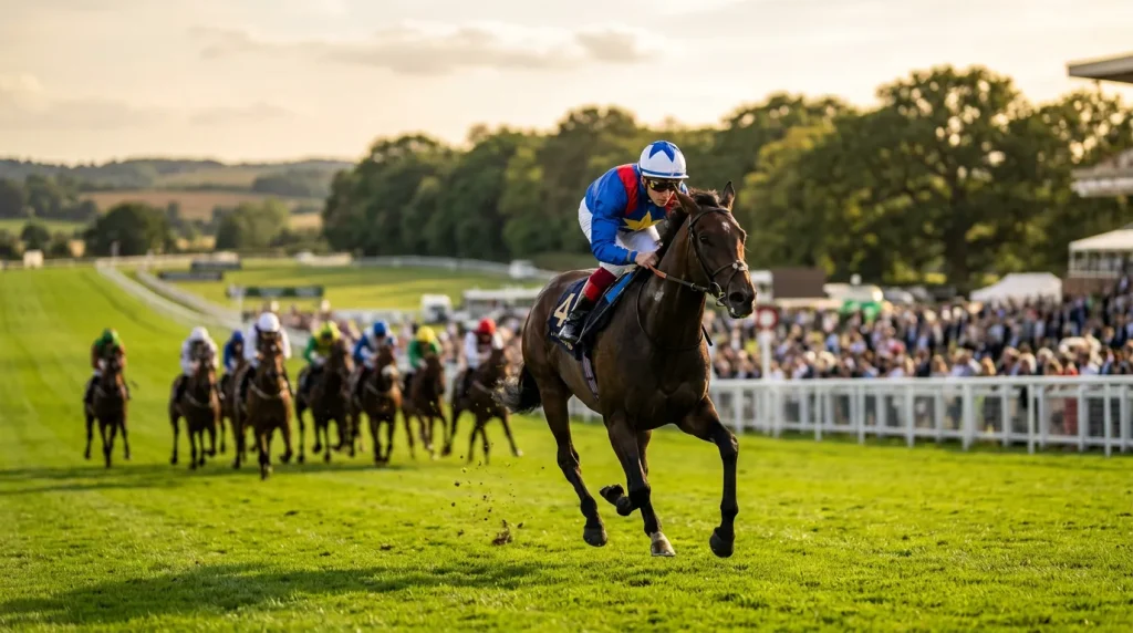 Thoroughbred horse leading a race on a British turf track with the field spread behind