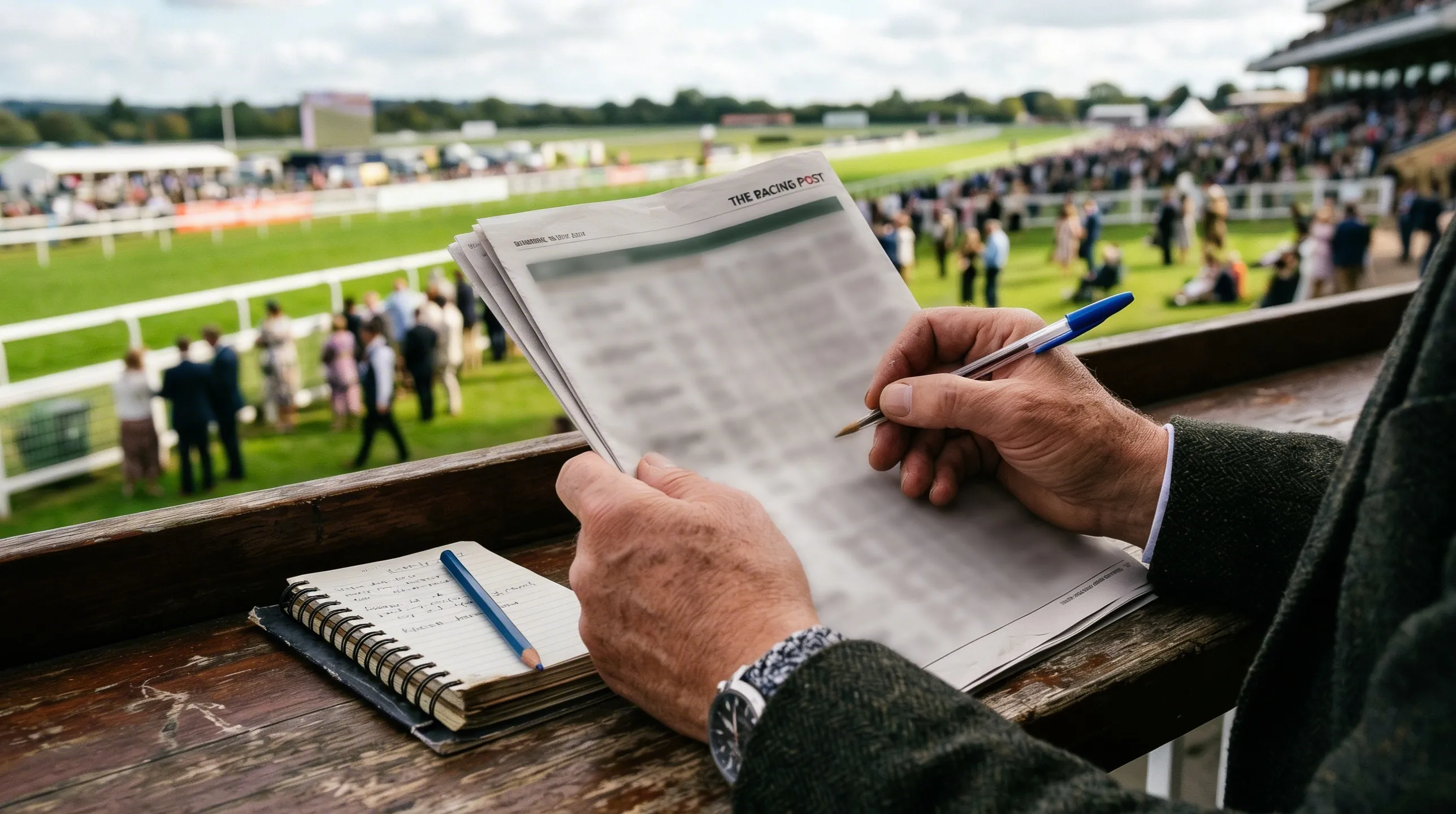 A punter studying a horse racing form guide with a pen and notebook at a racecourse