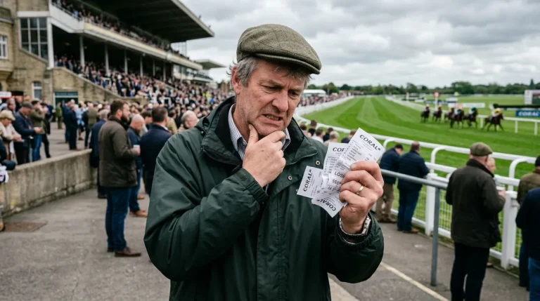 Frustrated punter tearing up a losing betting slip at a British racecourse