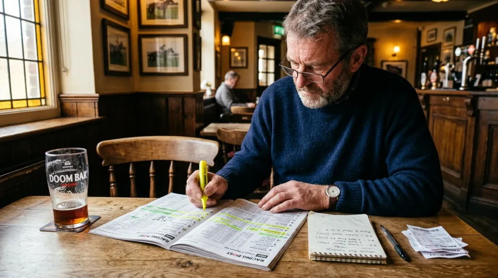 Punter studying a horse racing form guide for wheel bet strategy