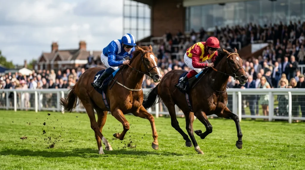 Two thoroughbred horses racing neck and neck on a flat turf course in Britain