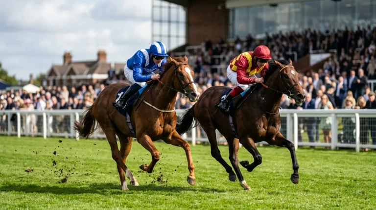 Two thoroughbred horses racing neck and neck on a flat turf course in Britain