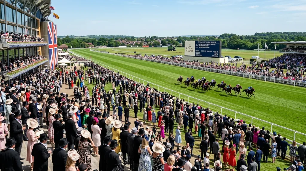Globe with connected lines symbolising global pool betting beside a British racecourse setting